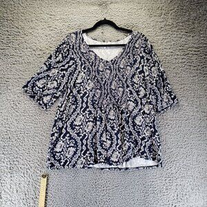 Cato Top Womens 18/20W Navy Blue Paisley Print V-Neck Short Sleeve